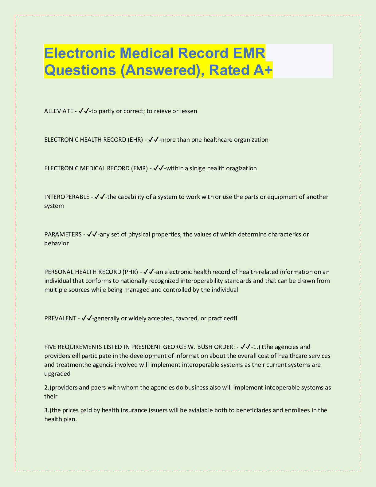 Preview image for Electronic Medical Record EMR  Questions (Answered), Rated A+